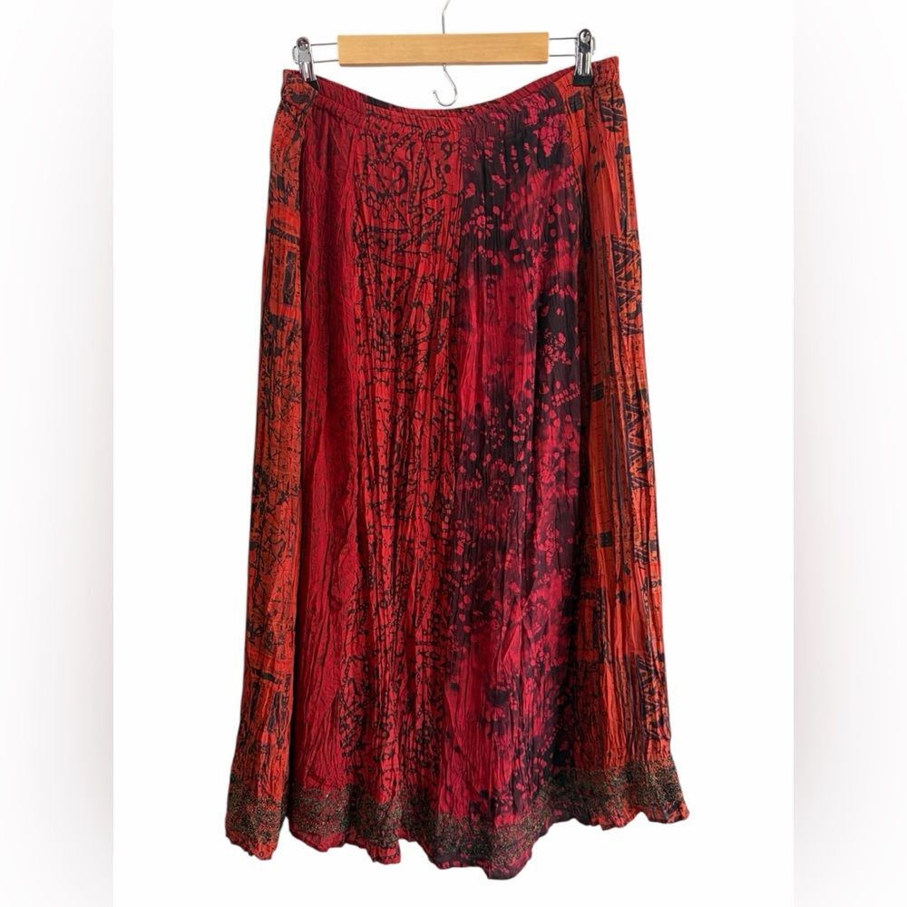 Chico’s 90’s Artsy Eclectic Ruby Red 34% Silk Beaded Midi Skirt Size 0 Holiday